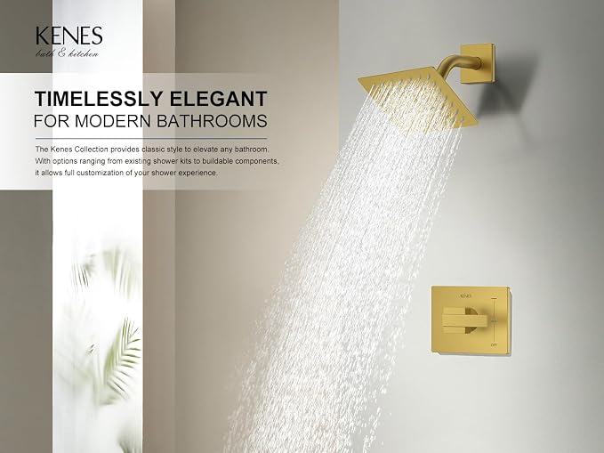 KENES Brushed Gold Shower Faucet, Modern Square 6-Inch Shower Head and Handle Set, Bathroom Rainfall Shower System Wall Mount, KE-6025B-4 (Including Shower Valve)