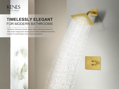 KENES Brushed Gold Shower Faucet, Modern Square 6-Inch Shower Head and Handle Set, Bathroom Rainfall Shower System Wall Mount, KE-6025B-4 (Including Shower Valve)