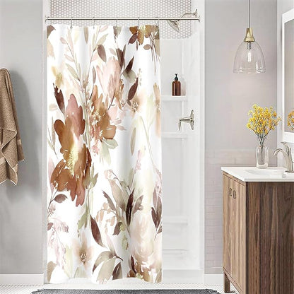 Small Stall Shower Curtain 36x72 Inch Half Narrow Size Brown Floral Decor | Modern Abstract Flower Fabric Bathroom Shower Curtain Set with Hooks