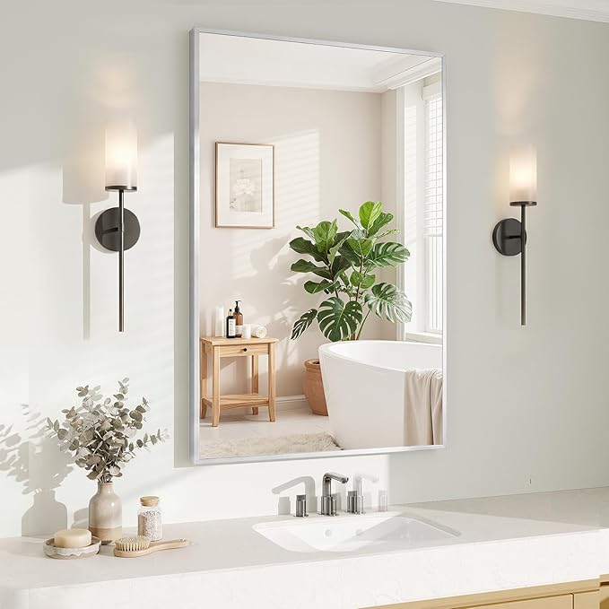 Koonmi Silver Rectangle Wall Mirror, 24x36 Inch Bathroom Mirror, Aluminum Frame Vanity Mirror for Entryway, Living Room, Bedroom Bathroom, Hangs Horizontally or Vertically