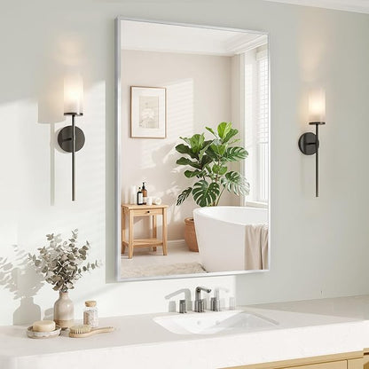 Koonmi Silver Rectangle Wall Mirror, 24x36 Inch Bathroom Mirror, Aluminum Frame Vanity Mirror for Entryway, Living Room, Bedroom Bathroom, Hangs Horizontally or Vertically