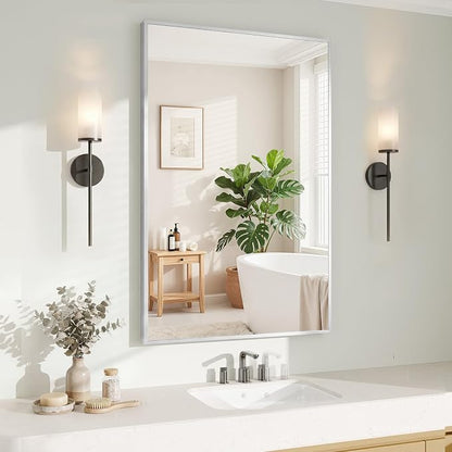 Koonmi Silver Rectangle Wall Mirror, 24x32 Inch Bathroom Mirror, Aluminum Frame Vanity Mirror for Entryway, Living Room, Bedroom Bathroom, Hangs Horizontally or Vertically
