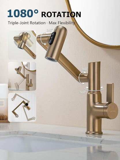 Rotatable Bathroom Faucet with Temperature Display in Fahrenheit (Batteries-Free), 3 Water Outlet Modes, Brushed Copper