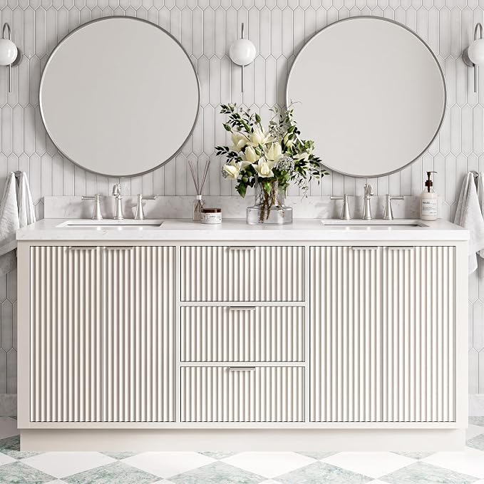 ARIEL Milan 72-inch Bathroom Vanity with Sink,Solid Wood, 1.5-inch Carrara White Quartz Countertop, Double Rectangular Porcelain Sink, 4 Soft Closing Doors, 3 Dovetail Drawers, Warm White