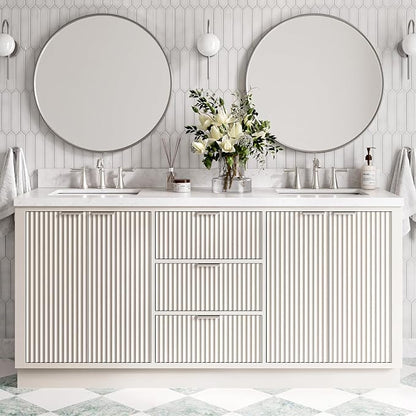 ARIEL Milan 72-inch Bathroom Vanity with Sink,Solid Wood, 1.5-inch Carrara White Quartz Countertop, Double Rectangular Porcelain Sink, 4 Soft Closing Doors, 3 Dovetail Drawers, Warm White