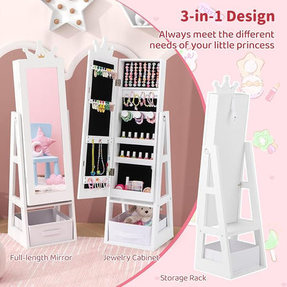 CHARMAID Kids Jewelry Cabinet - 45.5'' Standing Jewelry Armoire with Full Length Mirror, Storage Drawer and Back Shelf, Kids Jewelry Organizer Box Vanity Dressing Mirror for Girls (White)