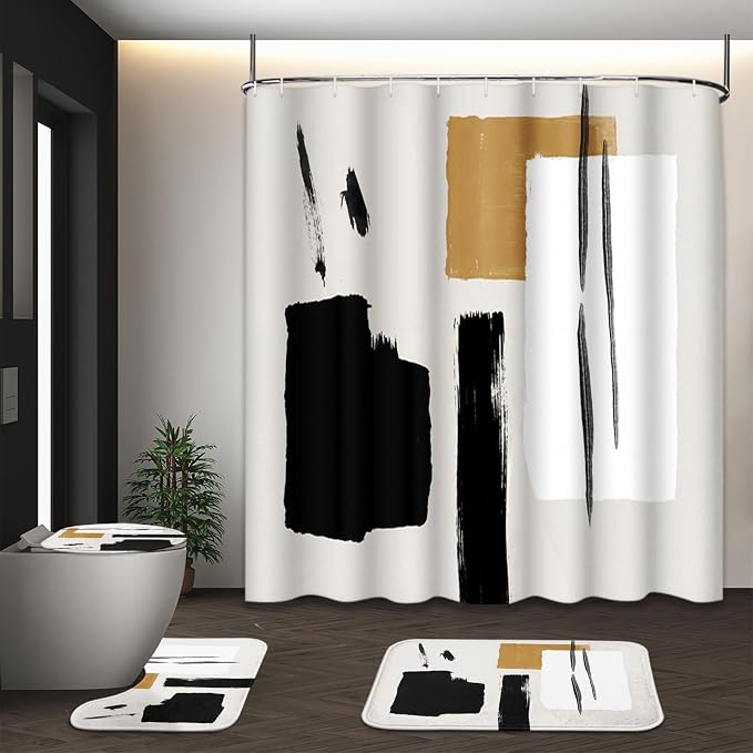 Bathroom Sets with Shower Curtain and Rugs, Boho 4 Pcs, Geometric | Minimalist Modern Abstract Art Bathroom Decor Set with Toilet Lid Cover, Non-Slip Bath Mats and Accessories 12 Hooks