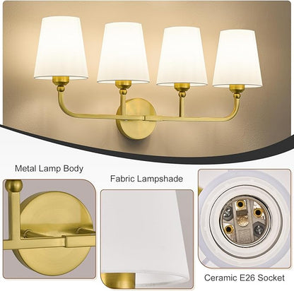 Bathroom Vanity Light, Brushed Gold Bathroom Light Fixtures, 4-Light Lighting Fixtures Over Mirror, Modern Wall Sconce with Flared White Fabric Shade, E26 Socket(ETL Listed)
