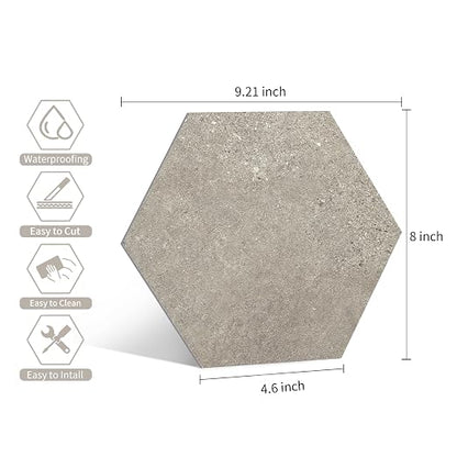 W&S 24-Sheets Brown Grey Hexagon Peel and Stick Floor Tile, Faux Stone Stick on Backsplash for Kitchen, Self Adhesive Waterproof Flooring Tiles for Dining Room, Bedrooms