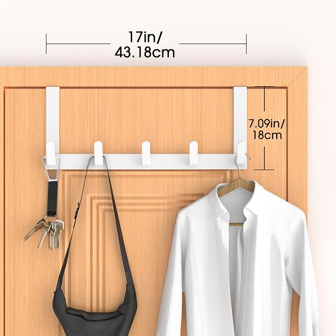 Over The Door Hooks Hanger, Heavy Duty Rack for Winter Coat, Fits 1 3/8" Doors, L7U - Bathroom Accessories and Towel Organizer Holder, Glossy White