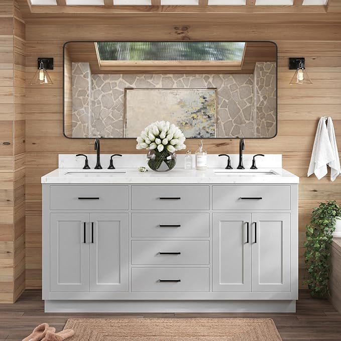 ARIEL Hepburn 66-inch Bathroom Vanity with Sink,Solid Wood, 1.5-inch Carrara White Quartz Countertop & Backsplash, Double Rectangular Porcelain Sink, 4 Soft Closing Doors, 6 Dovetail Drawers, Grey