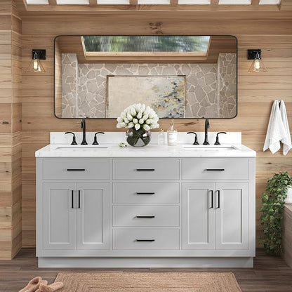 ARIEL Hepburn 66-inch Bathroom Vanity with Sink,Solid Wood, 1.5-inch Carrara White Quartz Countertop & Backsplash, Double Rectangular Porcelain Sink, 4 Soft Closing Doors, 6 Dovetail Drawers, Grey