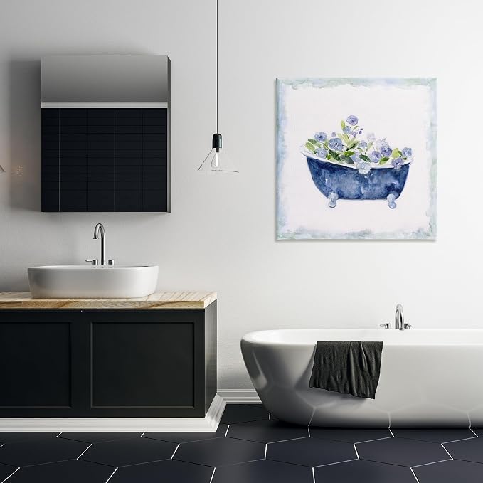 Stupell Industries Charming Blue Bathtub Botanical Floral Watercolor Border,Design by Sally Swatland | Stupell Industries | 30 x 30 Inches, Easy to Hang and Sturdy, Made in USA, by Sally Swatland