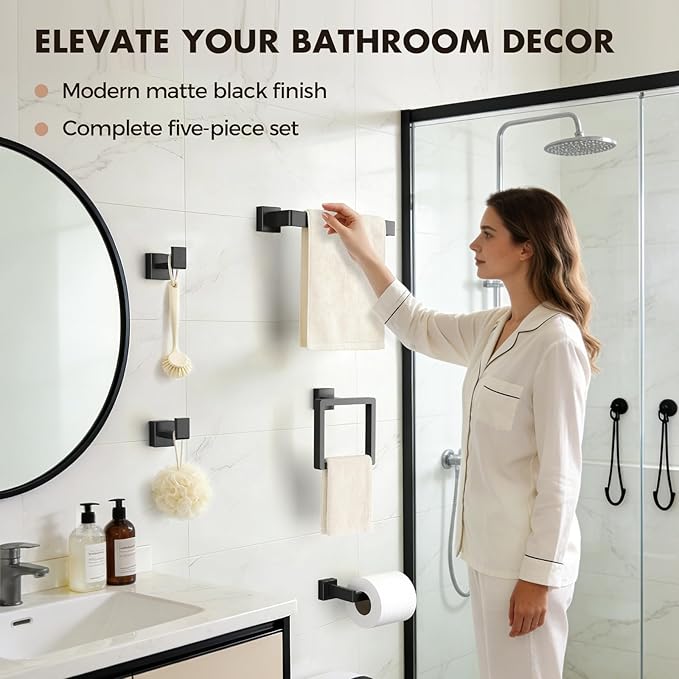 5-Pieces Matte Black Bathroom Hardware Accessories Set, SUS304 Stainless Steel Bath Towel Bar Set, Towel Racks for Bathroom Wall Mounted.