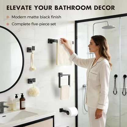 5-Pieces Matte Black Bathroom Hardware Accessories Set, SUS304 Stainless Steel Bath Towel Bar Set, Towel Racks for Bathroom Wall Mounted.