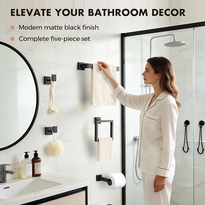 20-Pieces Matte Black Bathroom Accessories Set, 16 Inch Bath Towel Bar Set | Stainless Steel, Towel Ring, Toilet Paper Holder, Robe Hooks, Towel Racks for Bathroom Wall Mounted, Bathroom Hardware Set