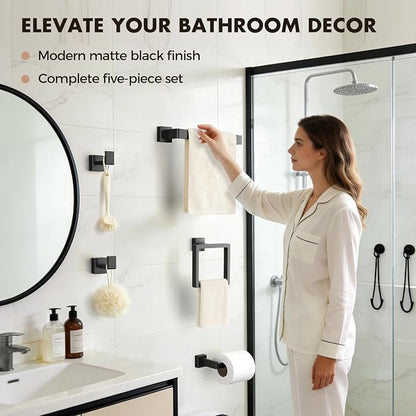 20-Pieces Matte Black Bathroom Accessories Set, 16 Inch Bath Towel Bar Set | Stainless Steel, Towel Ring, Toilet Paper Holder, Robe Hooks, Towel Racks for Bathroom Wall Mounted, Bathroom Hardware Set