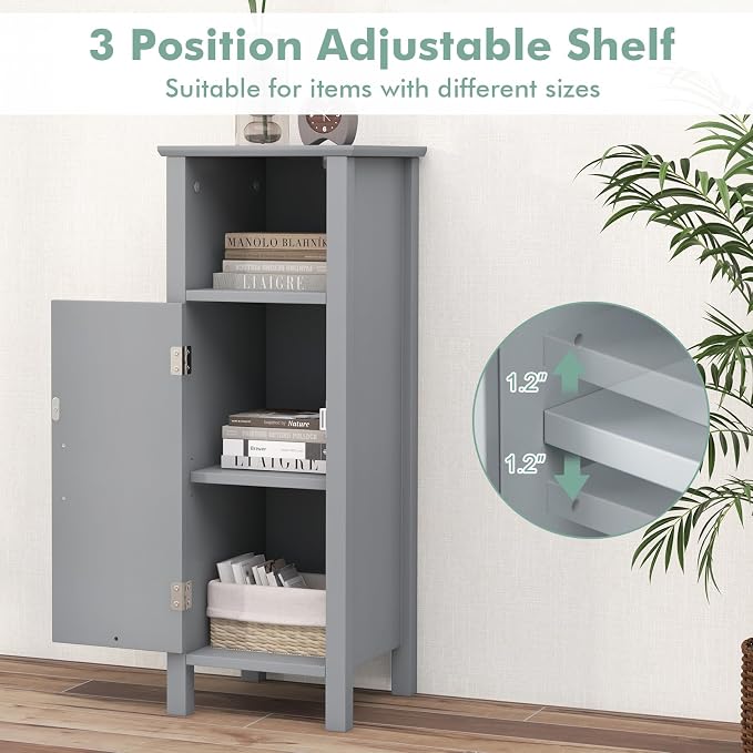 Giantex Narrow Bathroom Storage Cabinet with Open Compartment (Grey) | Freestanding Small Storage Organizer with Adjustable Shelf, Anti-toppling Device, Corner Unit for Living Room