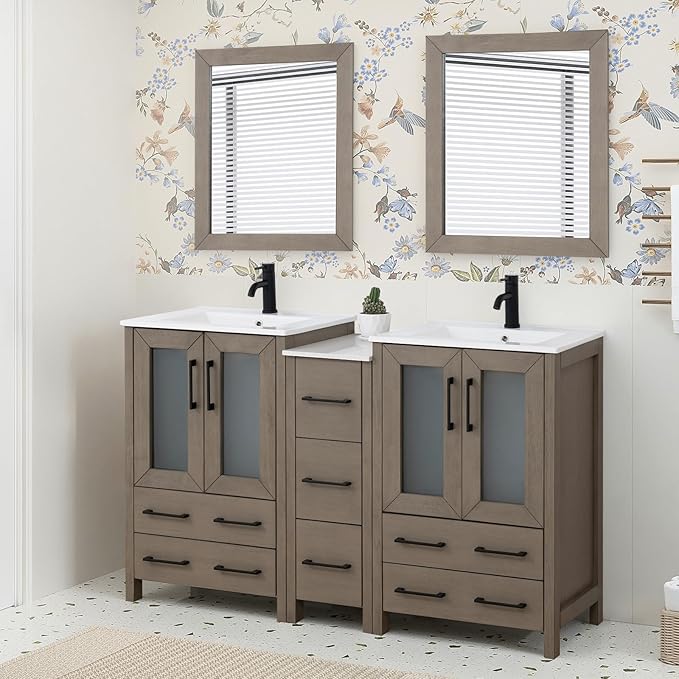 HOMEBEYOND 60 Inch Modern Bathroom Vanity with Sink & Mirror, Double Sink Vanity Cabinet with Basin and Mirror, Dove-Tailed Drawers, Soft-Closing Doors, Wood, Driftwood Gray