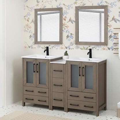 HOMEBEYOND 60 Inch Modern Bathroom Vanity with Sink & Mirror, Double Sink Vanity Cabinet with Basin and Mirror, Dove-Tailed Drawers, Soft-Closing Doors, Wood, Driftwood Gray
