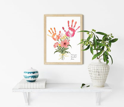 TwoDays Flower Bouquet Handprint Art Craft DIY Kit, Unique Gifts for Mom From Daughter or Son for Mother's Day Birthday Christmas, Gift for Grandma.(12" X 16", With Wood Frame)