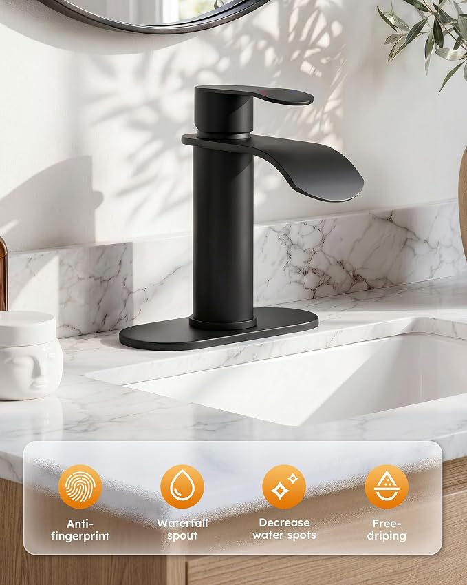 WOWOW Waterfall Bathroom Faucet Matte Black: Bathroom Sink Faucet for 1 Hole or 3 Holes, Single Handle Vanity Faucet with Pop up Drain, Stainless Steel Basin Sink Tap for RV Lavatory