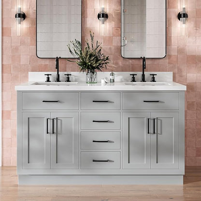 DKB Isabella 60" Grey Double Bathroom Vanity with Sink, 1.5" Edge Pure White Quartz Countertop, Rectangular Undermount Sinks, 4 Soft Closing Doors, 6 Dovetail Drawers