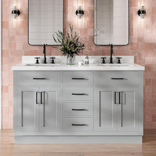 DKB Isabella 60" Grey Double Bathroom Vanity with Sink, 1.5" Edge Pure White Quartz Countertop, Rectangular Undermount Sinks, 4 Soft Closing Doors, 6 Dovetail Drawers