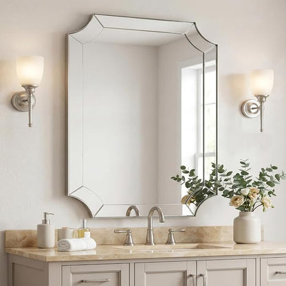 Brushed Nickel Mirror 30x40 Inch, Rectangle Bathroom Mirror for Wall, Large Scalloped Wall Mirror, Vintage Notched Edges Design Ideal for Entryway, Living Room & Bedroom Decor