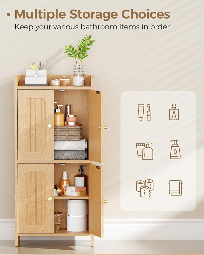 BEWISHOME Small Floor Cabinet,Toilet Paper Storage,Bathroom Storage Cabinet | with 4 Doors and Shelves, Bathroom Organizers and Storage for Small Spaces, Natural 7.9" D x 14.6" W x 31" H YYG11Y