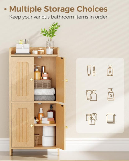 BEWISHOME Small Floor Cabinet,Toilet Paper Storage,Bathroom Storage Cabinet | with 4 Doors and Shelves, Bathroom Organizers and Storage for Small Spaces, Natural 7.9" D x 14.6" W x 31" H YYG11Y