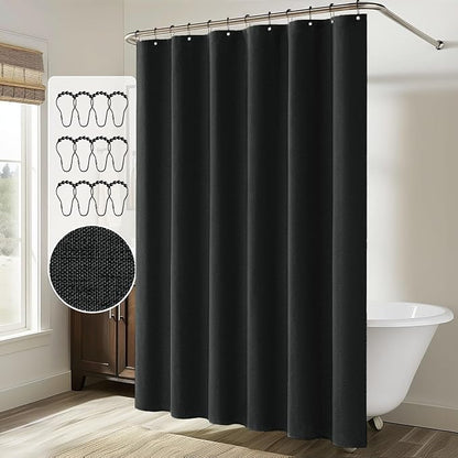 MIULEE 72 x 84 Extra Long Linen Shower Curtain Black 12 Metal Hooks | Washable, Heavy Fabric Shower Curtain Set, Waterproof Thick Cloth Shower Curtain, Bathroom Hotel Bathtub