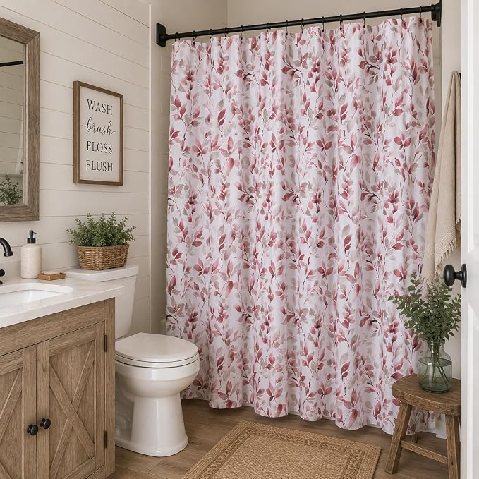 Hotel Quality Fabric Bathroom Shower Curtain: Floral Leaf Damask - Pink, Gray and White (72 x 70 inches)