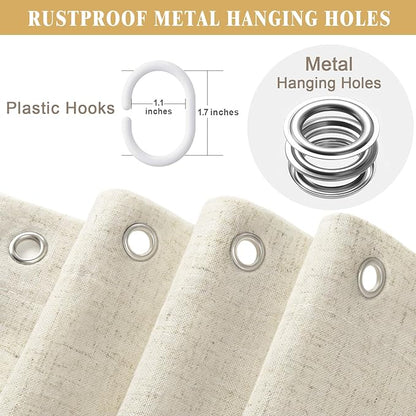 Linen Shower Curtain Flax Cream, Fabric Boho Farmhouse Shower Curtains for Bathroom Cream Cotton Natural Cloth Liner Set 72" W x 96" L