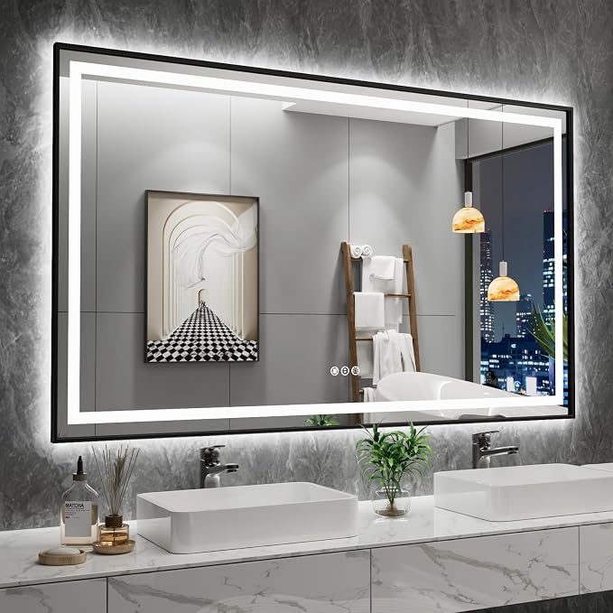 LED Bathroom Mirror, 60"X36" Front Lit and Backlit with Black Frame | Metal Framed Mirror, Stepless Dimmable, HD Reflection, Anti-Fog, Shatter-Proof, Memory, 3 Colors Lighting, UL Listed.