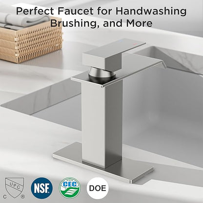 FORIOUS Bathroom Faucet Brushd Nickel Modern Waterfall Bathroom Sink Faucet 1 or 3 Hole Single Handle with Deck Plate and Drain, Suitable for Vanity Rv Camper Commerical