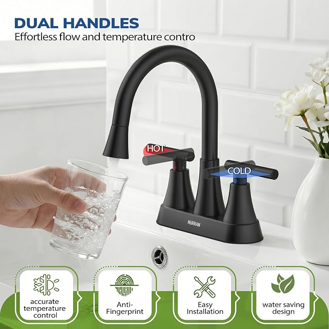 Centerset Bathroom Faucet with Pull Out Sprayer, 4 Inch 2 Handle Sink Faucet with Pop Up Drain, Stainless Steel Vanity Faucet with 2 Supply Hoses, Matte Black
