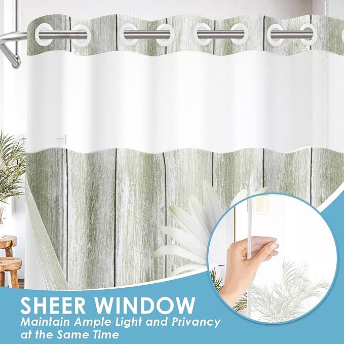 No Hook Shower Curtain with Snap in Liner 71x74 Inch Green Daisy | Farmhouse Rustic Butterfly Modern Double Layers Waterproof Fabric with See Through Top Window Open Grommet Bath Curtain