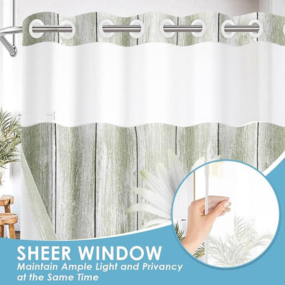 No Hook Shower Curtain with Snap in Liner 71x74 Inch Green Daisy | Farmhouse Rustic Butterfly Modern Double Layers Waterproof Fabric with See Through Top Window Open Grommet Bath Curtain