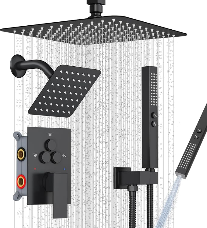 SunCleanse 3-Way Matte Black Shower System w/Handheld for Couple | 10" rain head, 6" wall spray, handheld wand, push-button diverter, anti-scald valve, easy-clean nozzles