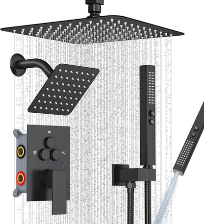 SunCleanse 3-Way Matte Black Shower System w/Handheld for Couple | 10" rain head, 6" wall spray, handheld wand, push-button diverter, anti-scald valve, easy-clean nozzles