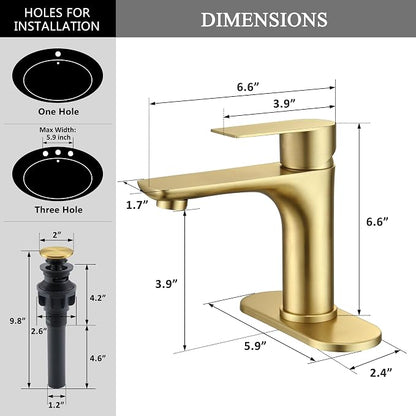 TONNY Single Handle Gold Bathroom Faucet | Stainless Steel Vanity Faucet with Deck Plate for 1 or 3 Holes, with Pop Up Drain for Vessel Sink Laundry Lavatory RV