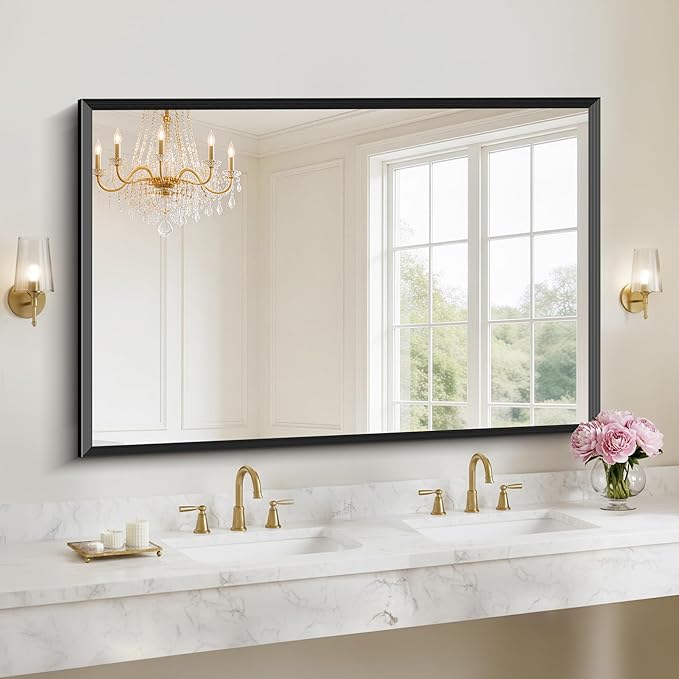 Black Bathroom Mirror 60 x 40 Inch Rectangle Wave Beveled Frame for Wall Bathroom Vanity Mirror for Over Sink, Tempered Glass,for Entryway Hangs, Bathroom Living Room Horizontal or Vertical
