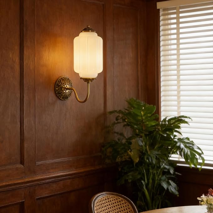 Vintage Milk Glass Wall Sconce Set of Two, H15" Hardwired White Bathroom Sconce with Gold Carved Metal, Antique Retro Wall Lamp for Bedroom, Living Room, Hallway, E12 Bulb, Warm Light (White 2Pack)