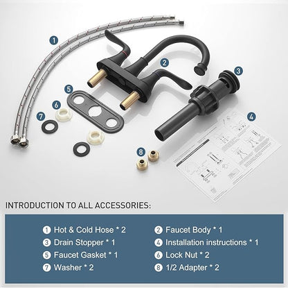 Bathroom Faucets for Sink 3 Hole, 4 inch Matte Black with Pop-up Drain and 2 Supply Hoses 2 Handle Centerset Faucet for Sink Vanity