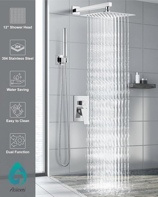 Aolemi Shower System with Rain Head and Handheld,12-Inch,Polish Chrome | High-Pressure Shower Faucet Set with Dual-Function Handheld,Rough-In Valve,1.8 GPM,Wall-Mount Trim Kit