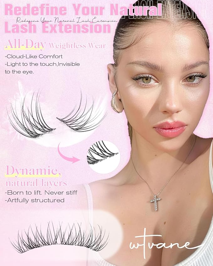 Natural Lash Clusters Only 12mm Cluster Eyelash Extensions Short Wispy Eyelash Clusters Velure Lashes Clusters with Clear Thin Band Soft Ultra-Light C Curl Individual Lashes for Clean Makeup