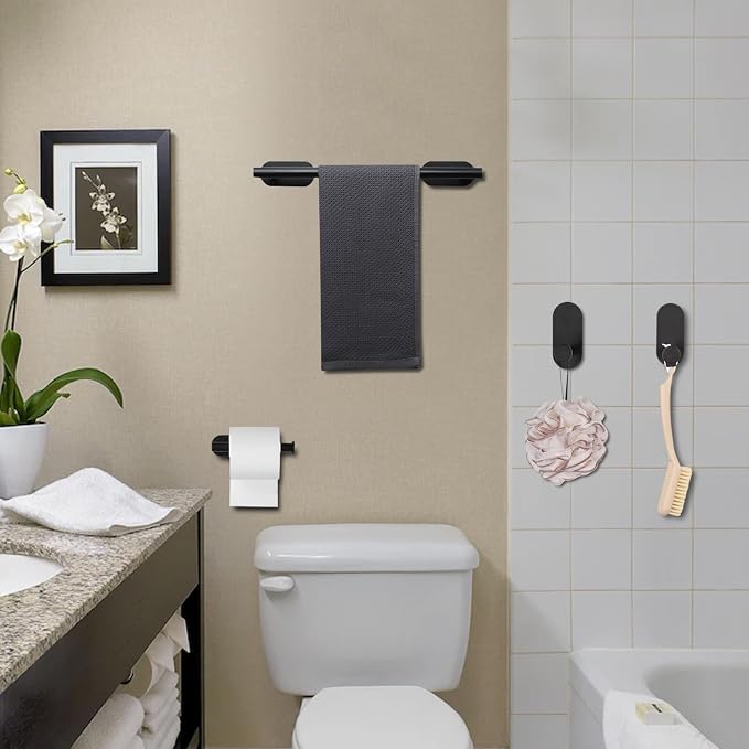 JiGiU Self Adhesive Towel Bar, Wall Mount No Drill Bathroom Hardware Set | With 16" Bath Towel Bar,Toilet Paper Holder Towel Ring & 3-Pack Towel Hooks Stainless Steel Sticky on Towel Holder Kit-Black