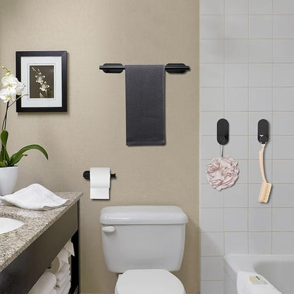 JiGiU Self Adhesive Towel Bar, Wall Mount No Drill Bathroom Hardware Set | With 16" Bath Towel Bar,Toilet Paper Holder Towel Ring & 3-Pack Towel Hooks Stainless Steel Sticky on Towel Holder Kit-Black