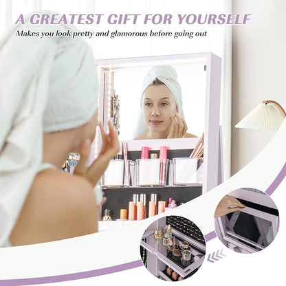 MAT EXPERT 360° Rotating Jewelry Armoire, Lockable Freestanding Jewelry Organizer w/Full-length Mirror, 3-Color LED Lights, Rear Storage Shelves, Mirror Jewelry Cabinet for Bedroom (Lavender)